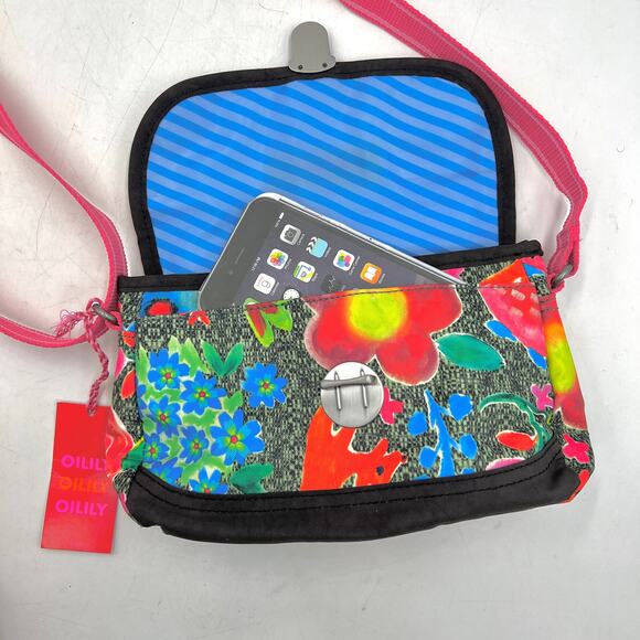 Oilily Small Shoulder Bag Crossbody Floral Print Vegan Colorful Gray Fabric - Picture 6 of 11